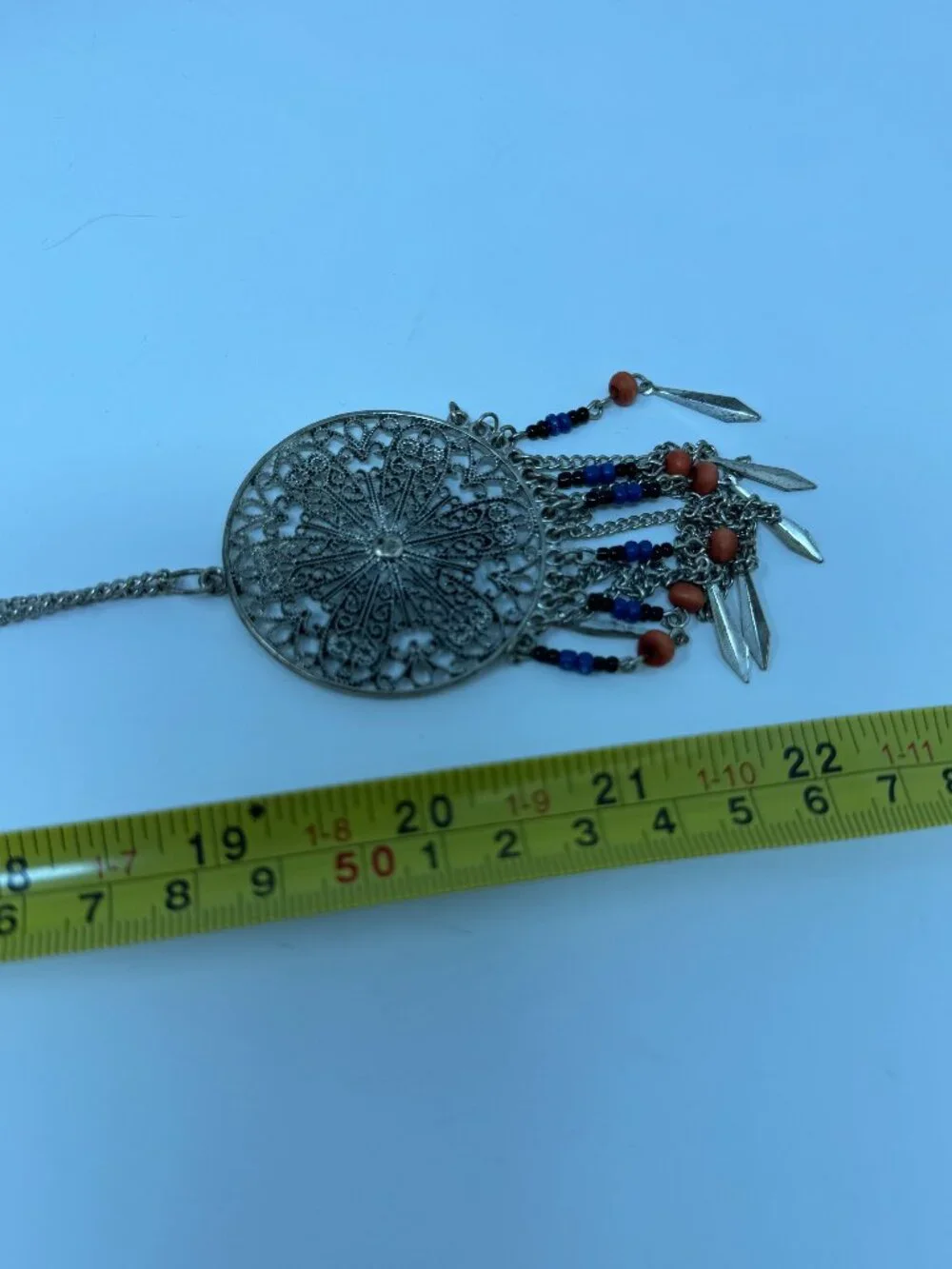 Silver Tone Filigree Medallion Fringe Necklace Blue Orange Beads Boho Tribal